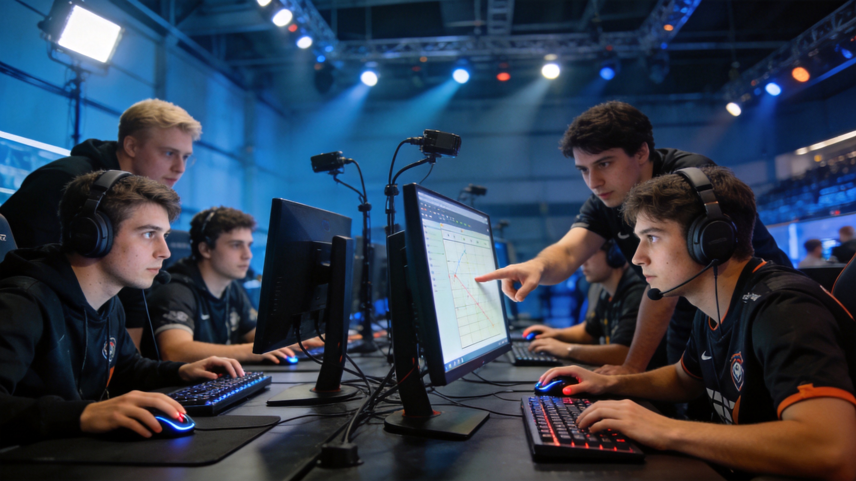 电子竞技战队比赛舞台上选手专注操作画面