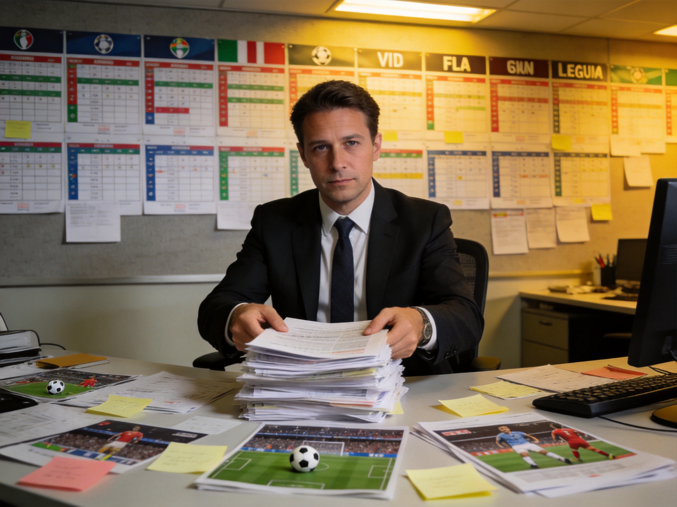 体育新闻编辑室整理赛事稿件与素材场景